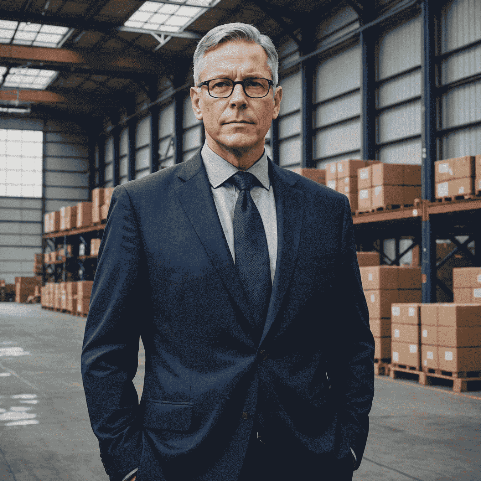 Portrait of John Doe, a middle-aged man with short grey hair and glasses, wearing a navy blue suit, standing in front of a logistics warehouse