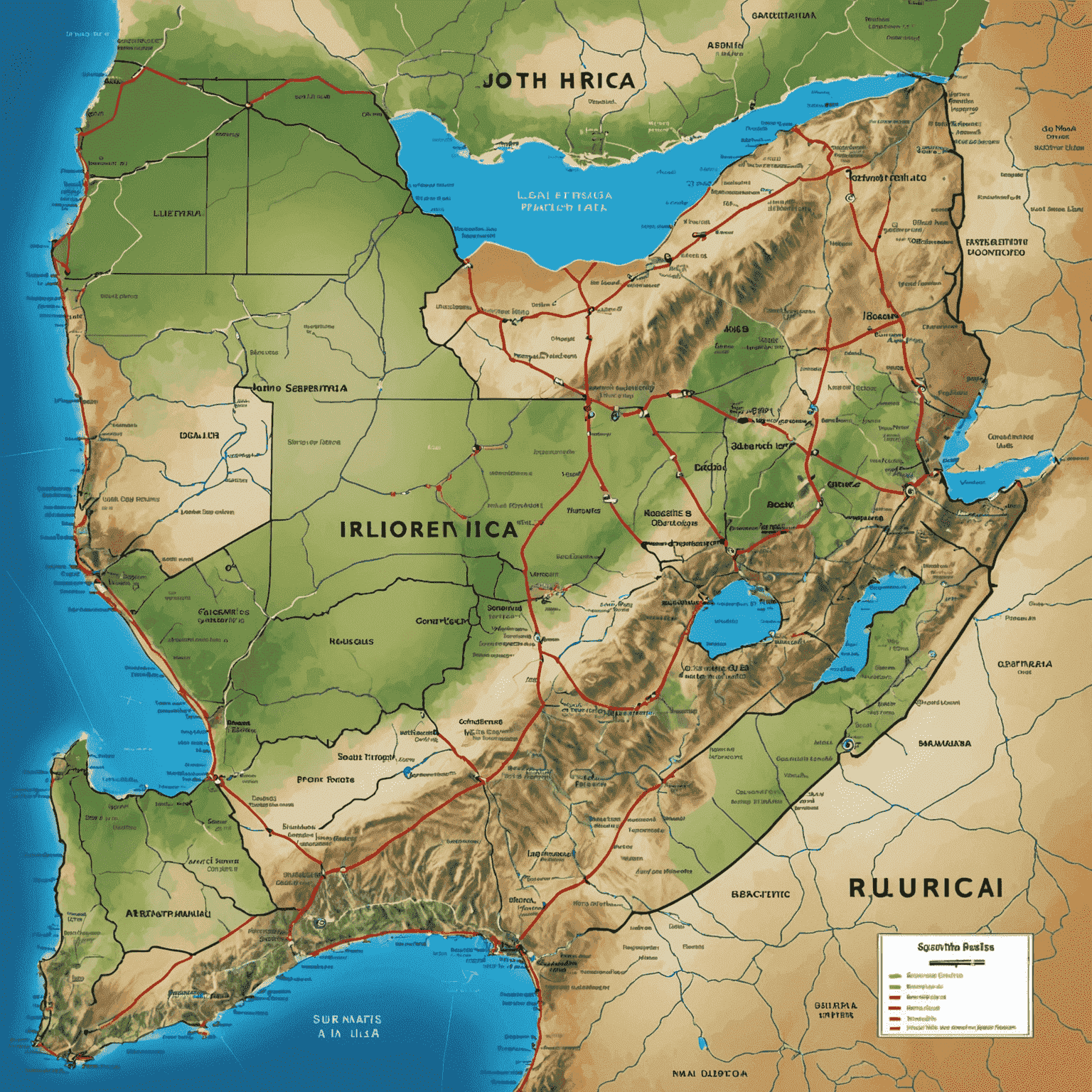 A map of South Africa highlighting urban and rural areas, with delivery routes and logistics hubs marked