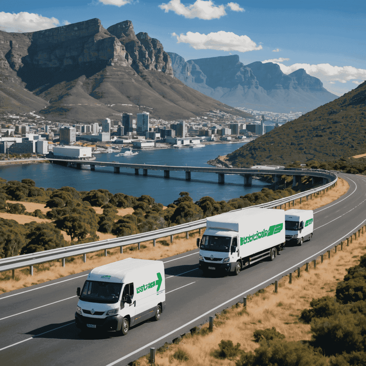 Sustainable logistics in South Africa: Electric delivery vehicles driving on a highway with Table Mountain in the background