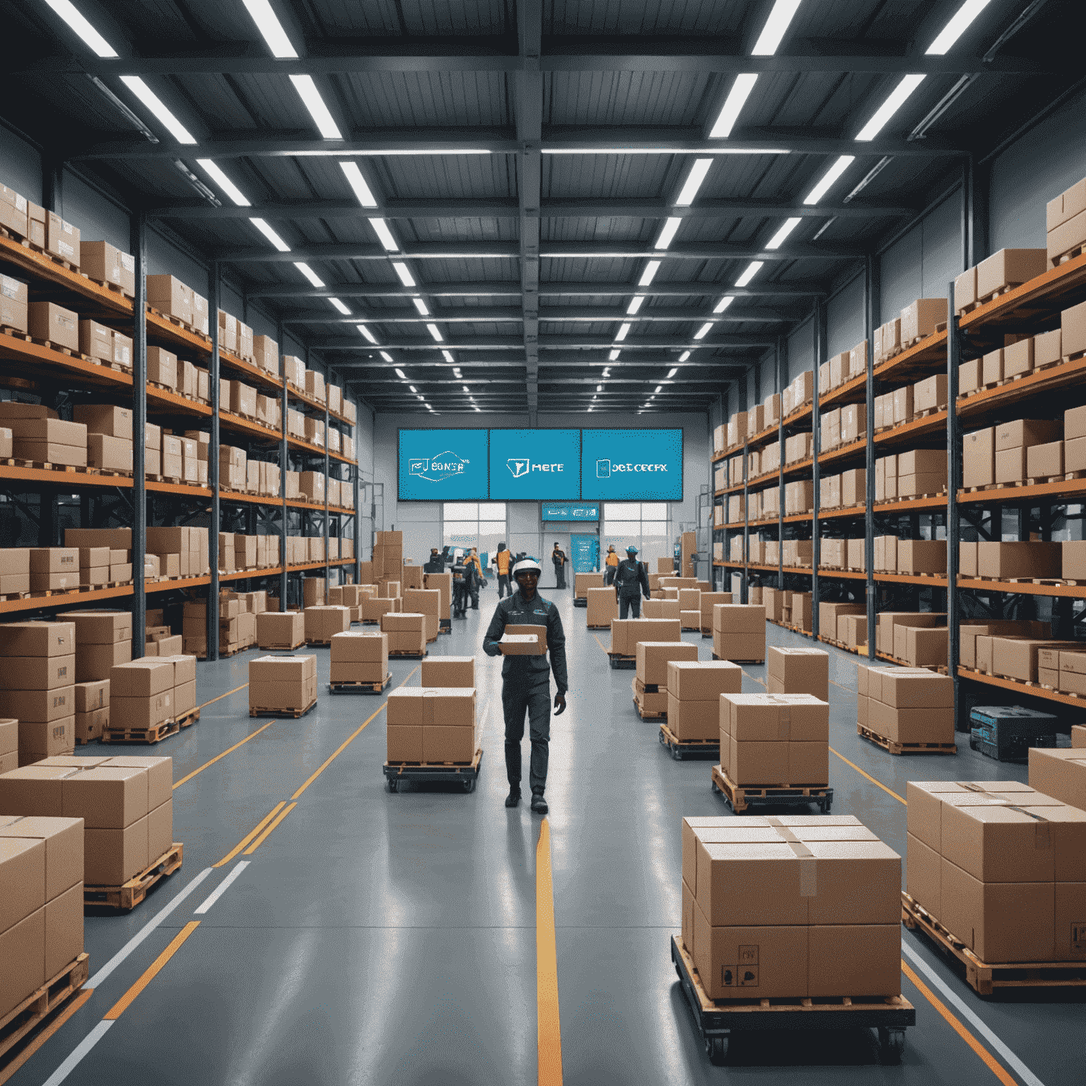 A futuristic logistics center in South Africa with robots moving packages, AI-powered screens displaying route optimizations, and workers using augmented reality glasses