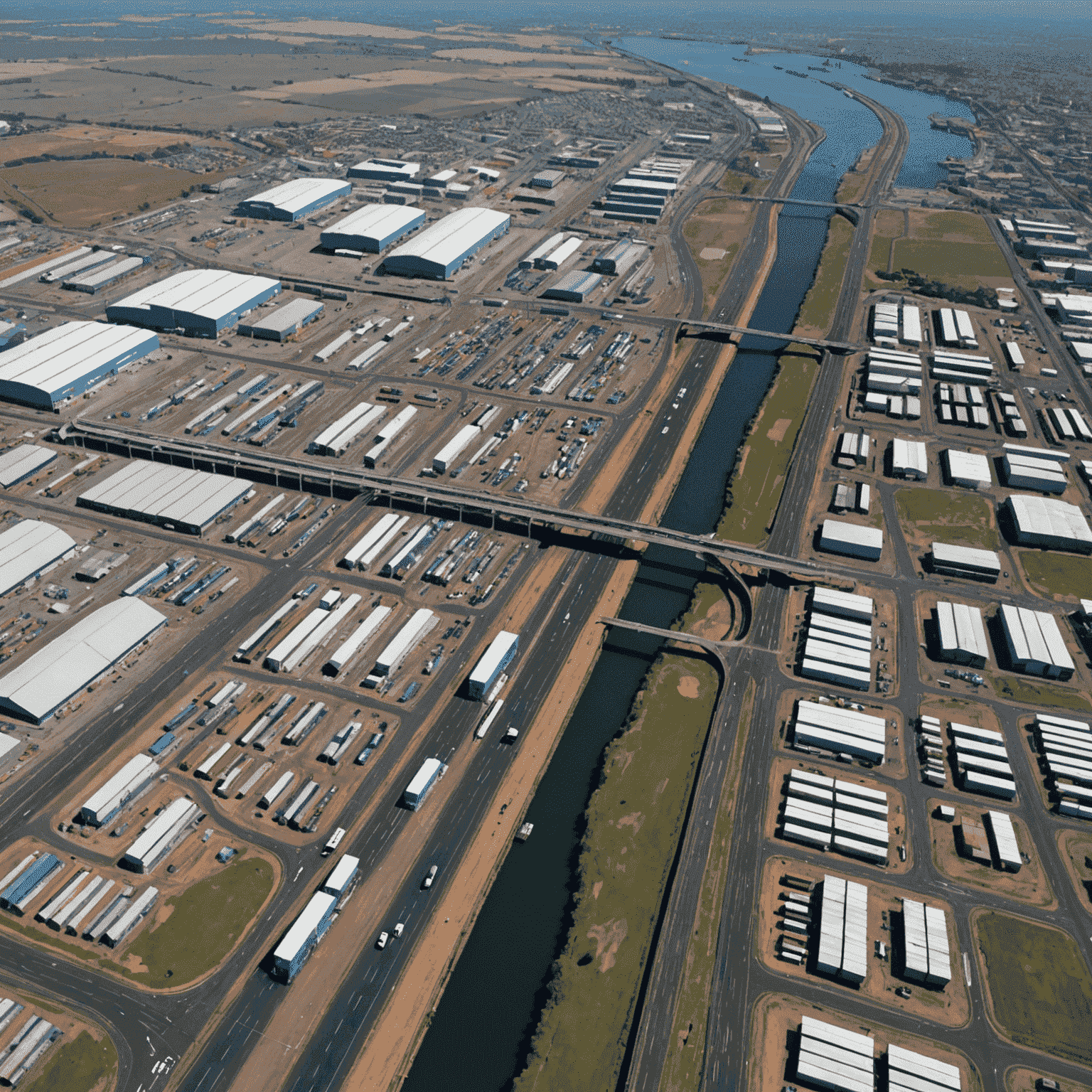 Aerial view of South African logistics infrastructure, showing roads, ports, and warehouses with visible challenges such as congestion and outdated facilities