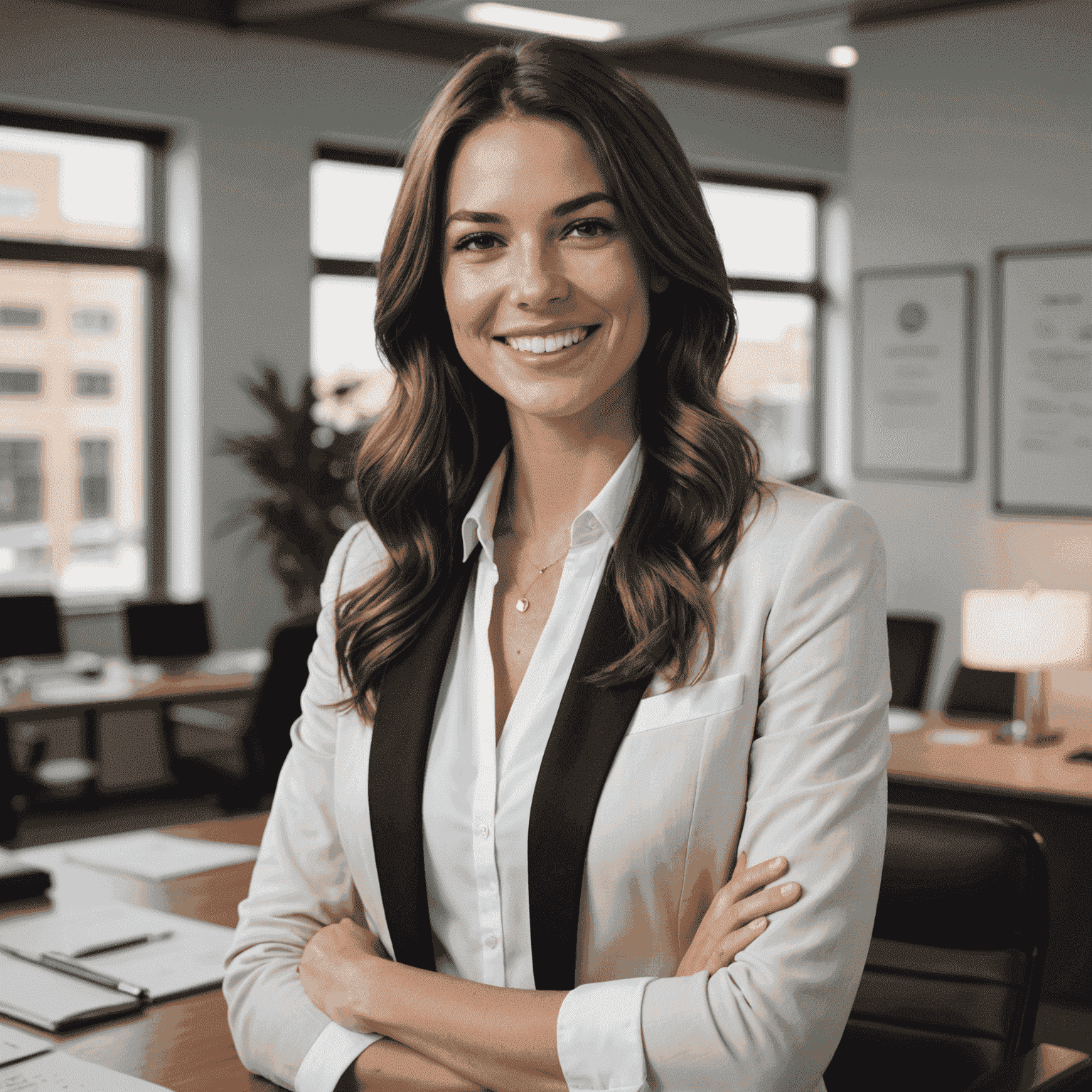 Portrait of Jane Smith, a young woman with long brown hair, wearing a white blouse and black blazer, smiling confidently in an office setting