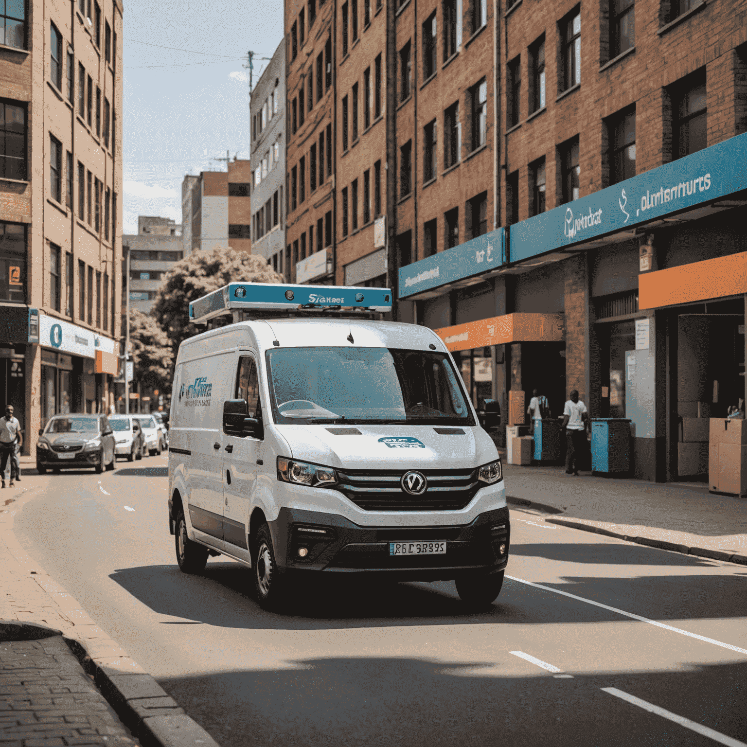 An electric delivery van navigating through a busy Johannesburg street, with a micro-fulfillment center visible in the background