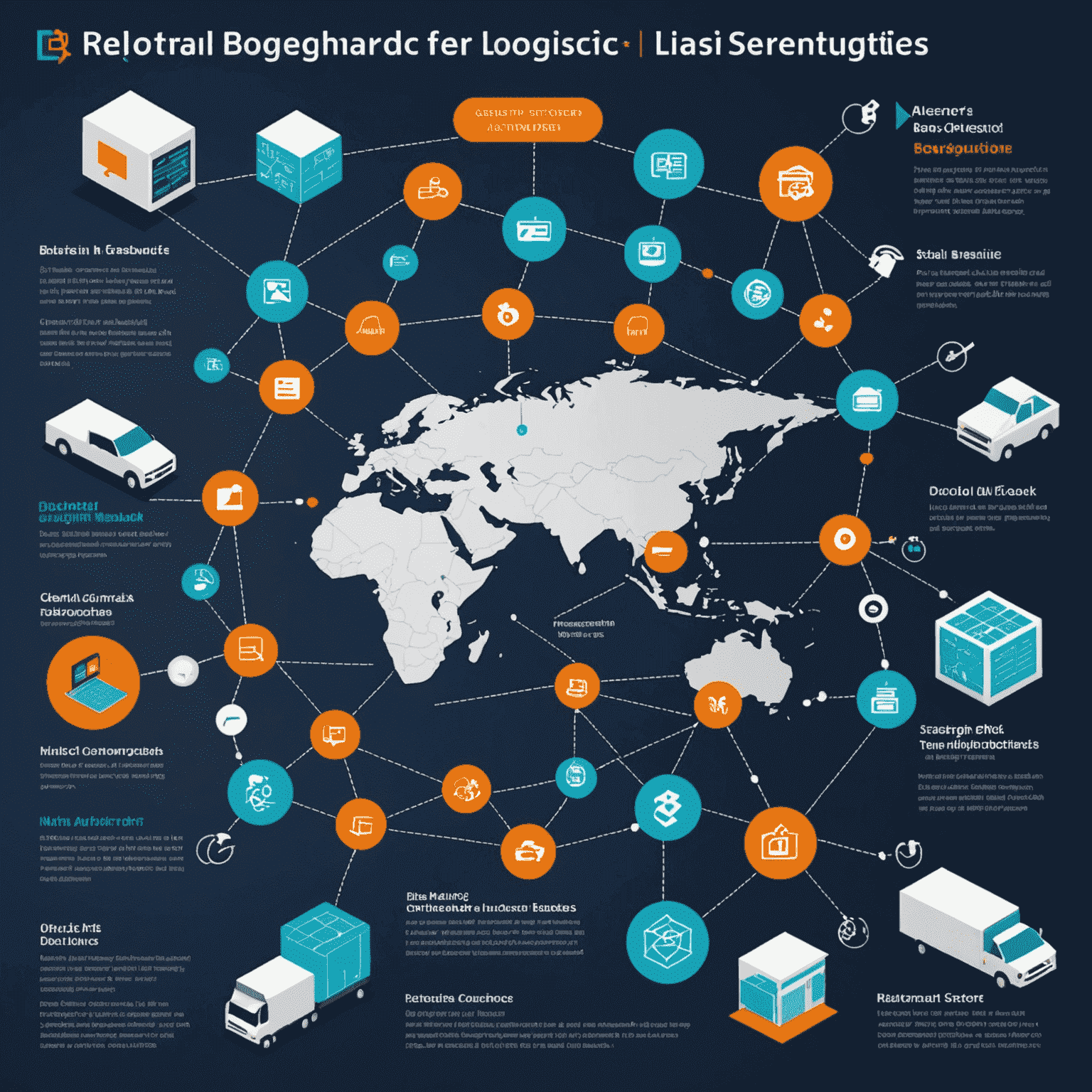 Infographic showing the integration of digital technologies in cross-border logistics, featuring blockchain, IoT sensors, and cloud-based management systems